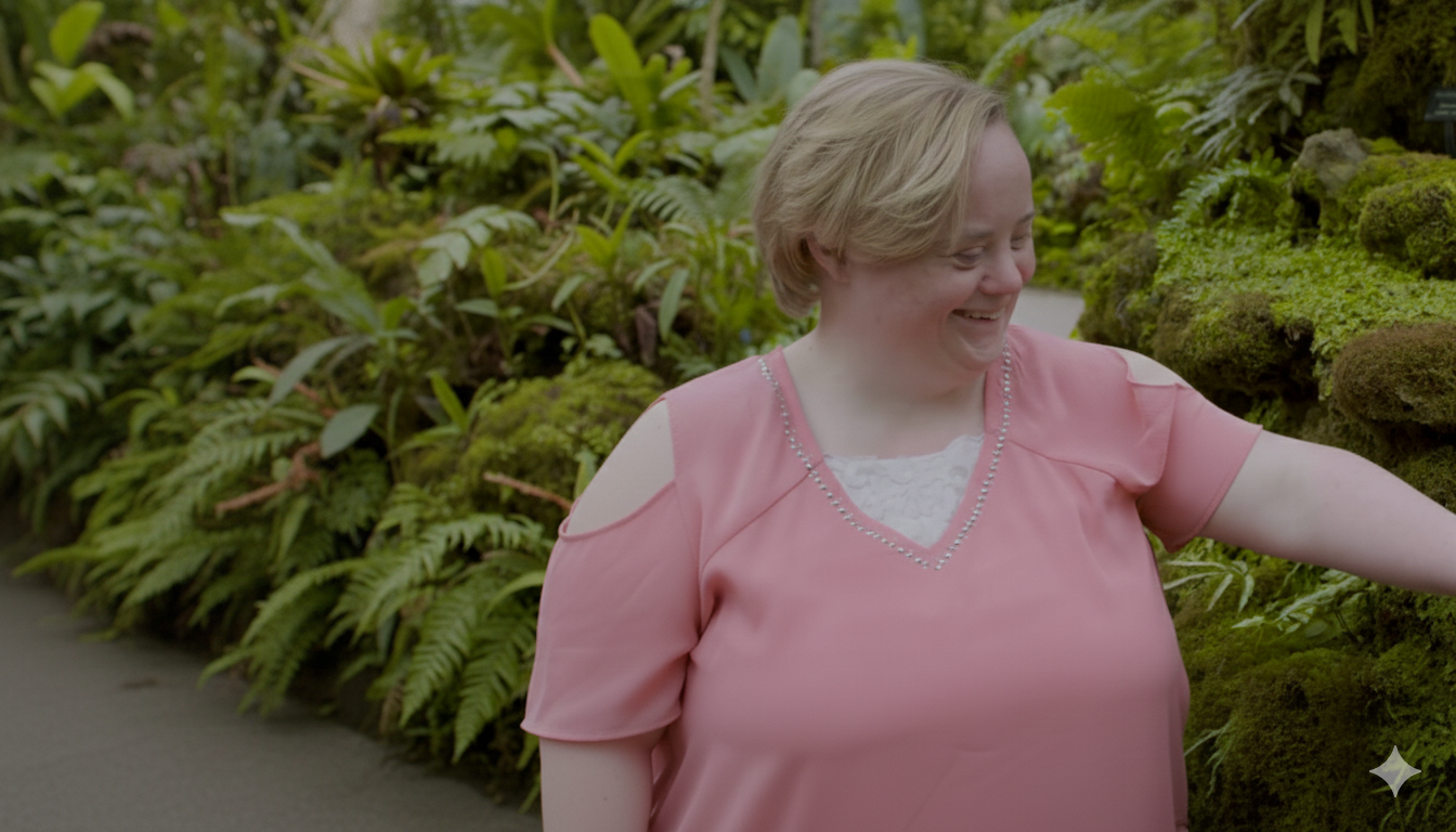 A woman with Down syndrome laughing joyfully while touching green moss at Garfield Park Conservatory, surrounded by lush plants