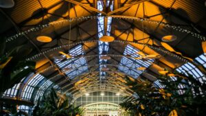conservatory at dusk with gala lights